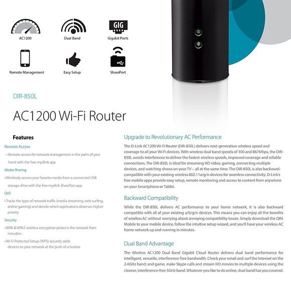 D-Link Wireless AC 1200 Mbps Home Cloud App-Enabled Dual-Band Gigabit Router - Picture 6 of 12